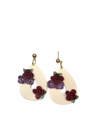 Clay Earrings - Teardrop shape earrings with floral design - Polymer clay (White)