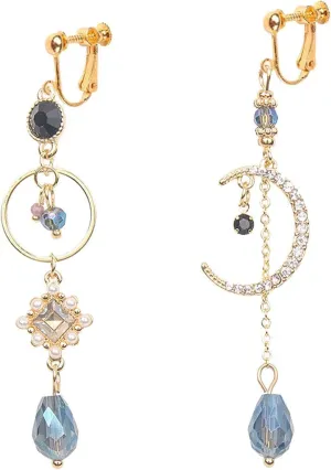 Clip on Earrings for Women Dangle Asymmetrical Sun and Moon Crystal Gold Long Boho Chain Drops Bohemian Statement Jewelry