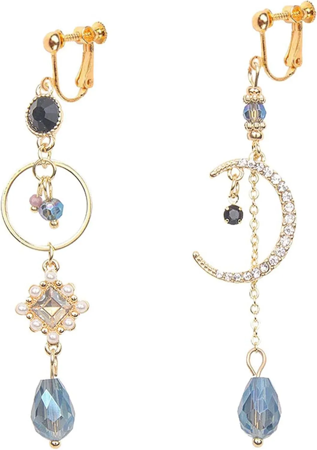 Clip on Earrings for Women Dangle Asymmetrical Sun and Moon Crystal Gold Long Boho Chain Drops Bohemian Statement Jewelry