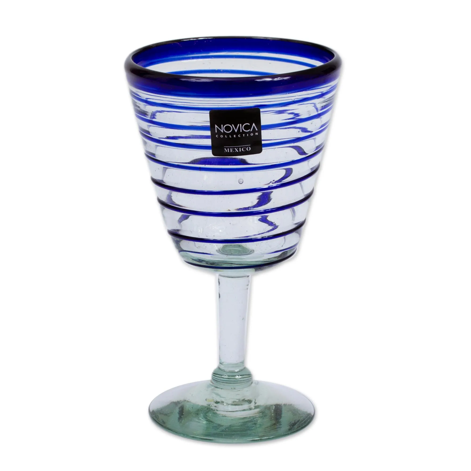 Cobalt Spirals Handblown Recycled Glass Six Striped Blue Wine Glasses