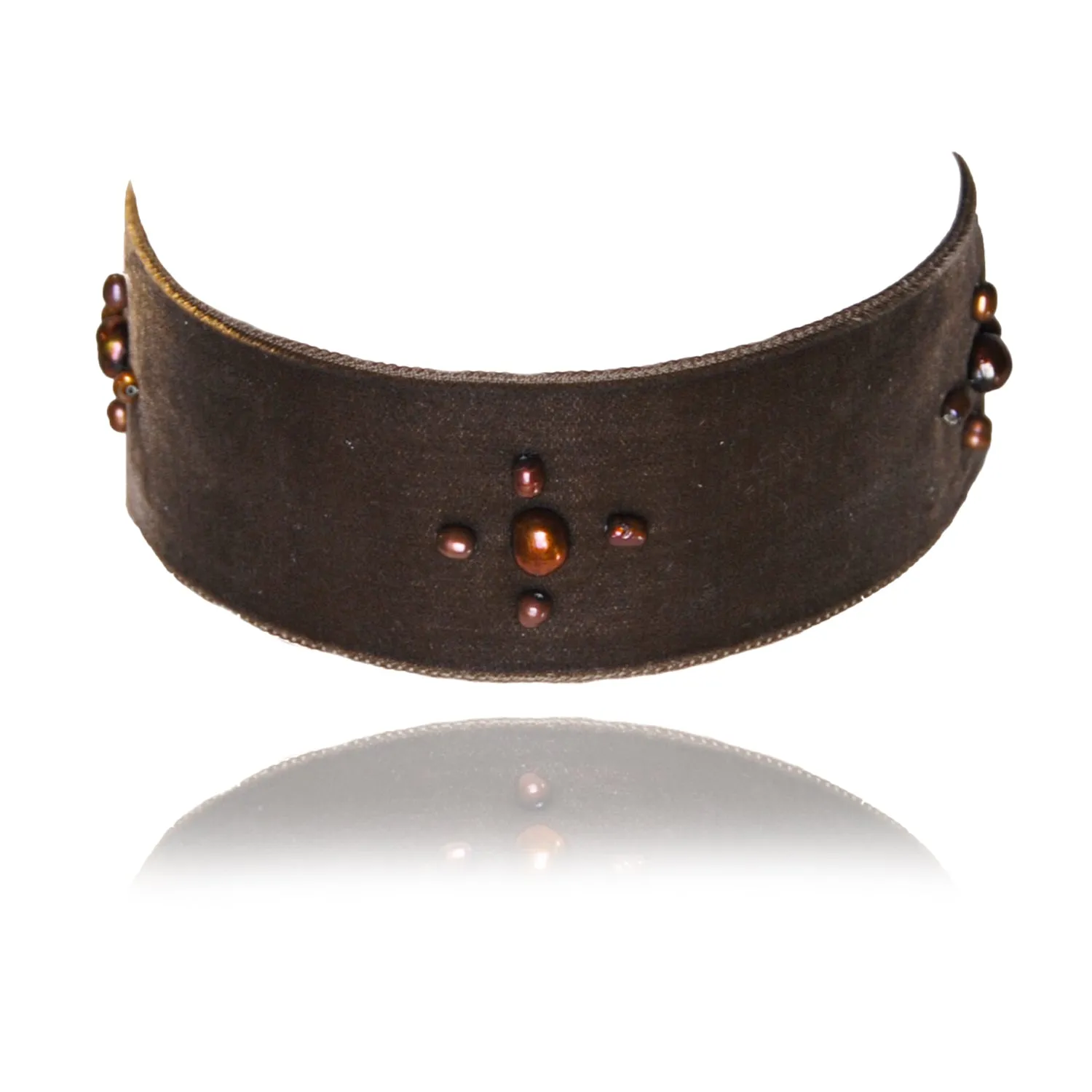 Copper Freshwater Pearl & Olive/Brown Velvet 'Charro' Choker