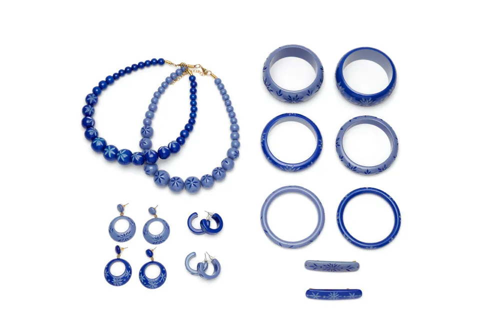 Cornflower Carved Drop Hoop Earrings