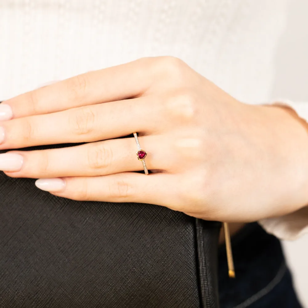 Created Ruby & Heart Shaped Diamond Ring in 9ct Yellow Gold