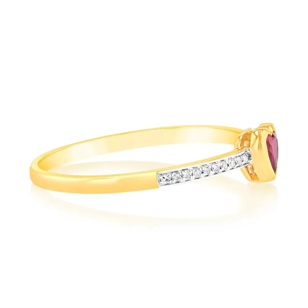 Created Ruby & Heart Shaped Diamond Ring in 9ct Yellow Gold
