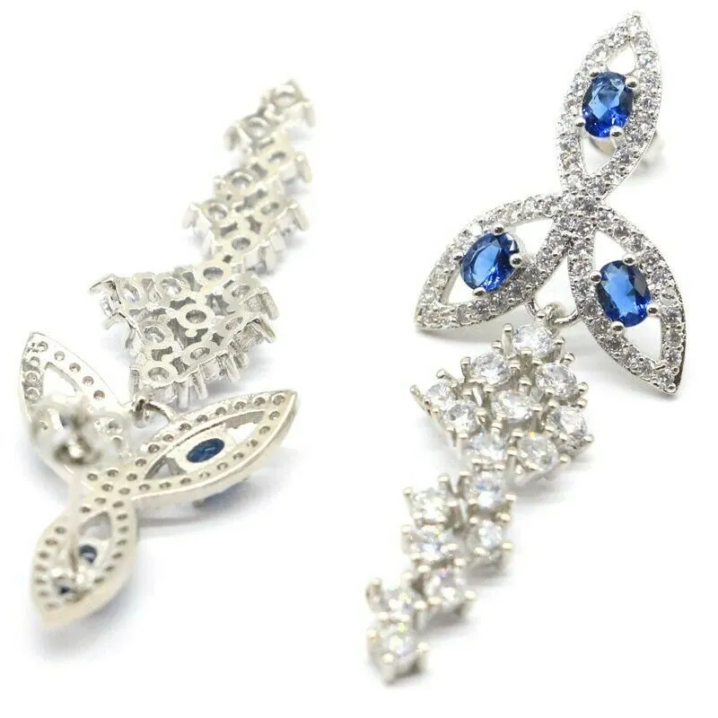 Created Tanzanite and White Sapphire Long Wedding Earrings
