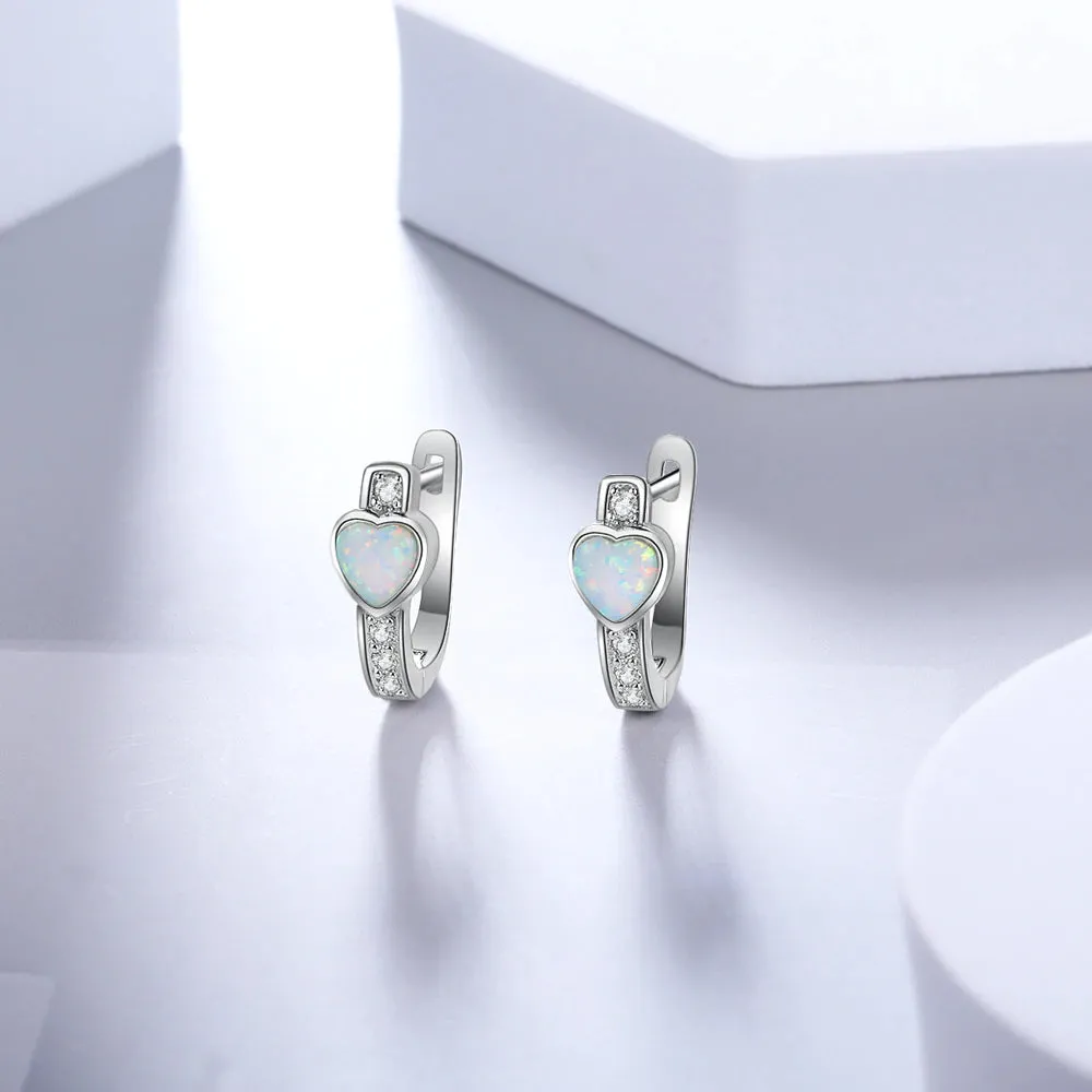 Created White Heart Opal Hoop Earrings