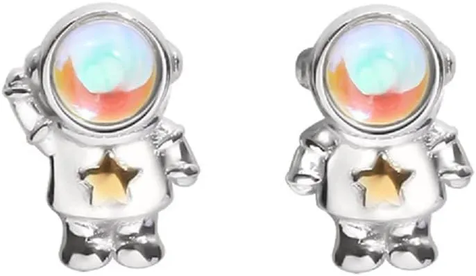 Creative Asymmetrical Astronaut Stud Earrings Spaceman Space Star Planet for Women Cute Personality Jewelry