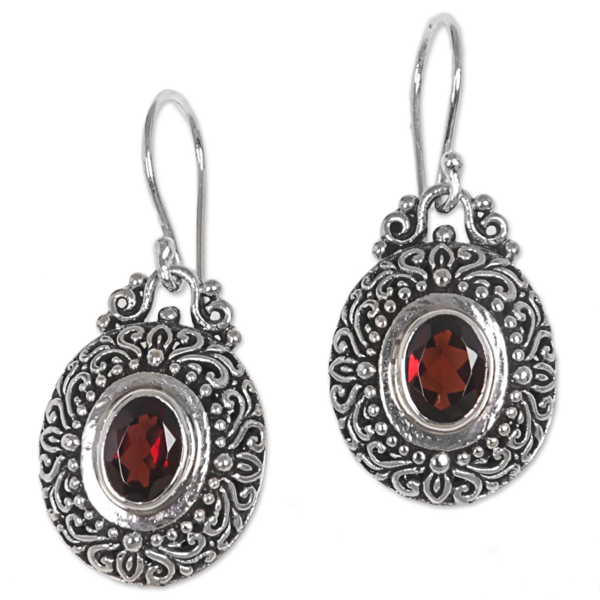 Crimson Fables Sterling Silver Garnet Dangle Earrings Spiral Indonesia