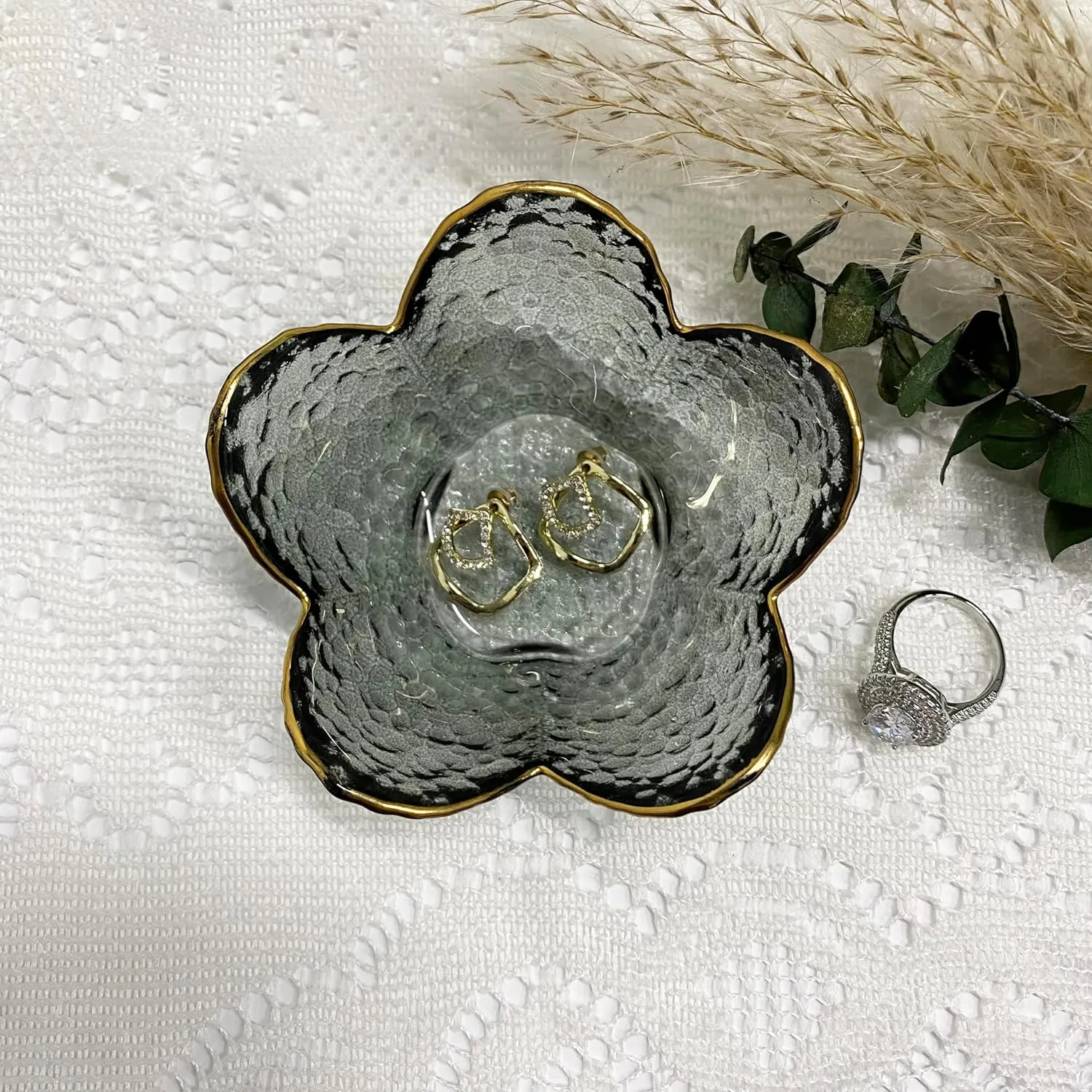 Crystal Black Glass Trinket Tray, Engagement Wedding Ring Holder, Aesthetic Room Decor, Gift for Mom Daughter
