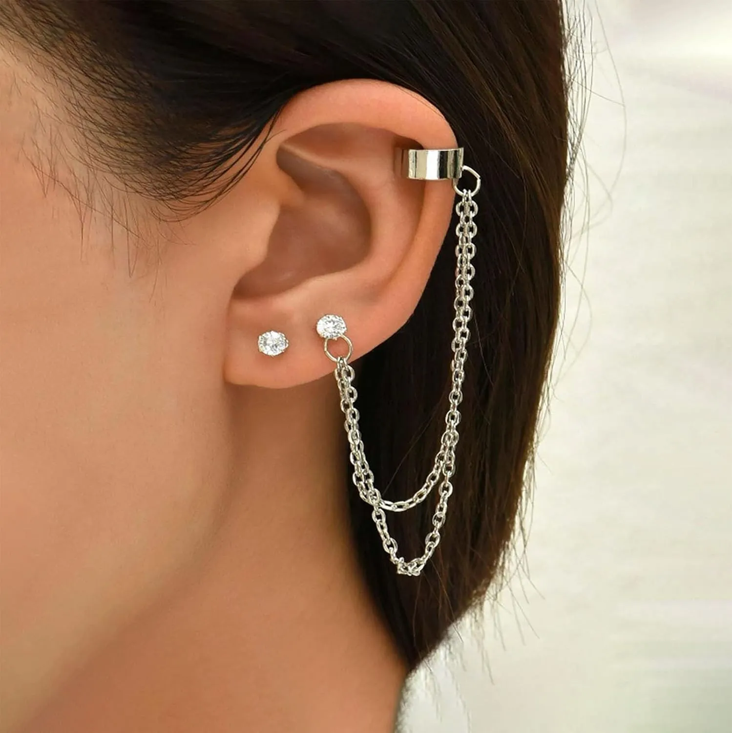 Crystal Ear Cuff Chain Earrings Cuff Wrap Tassel Chain Climber Earrings Gold CZ Studs Earrings Vintage Rhinestone Crawler Crawler Earrings Long Chain Fringe Drop Earrings
