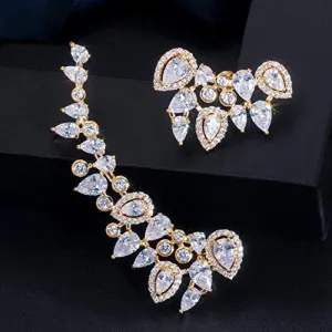 Cubic Zircon 585 Color Long Asymmetrical Ear Climber Clamp Stud Earrings For Women Punk Rock Jewelry