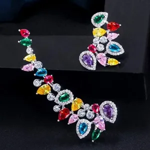 Cubic Zircon 585 Color Long Asymmetrical Ear Climber Clamp Stud Earrings for Women Punk Rock Jewelry