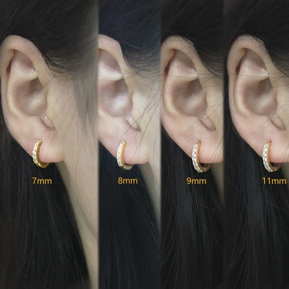 Cubic Zirconia Pave Cz Hoop Earrings Huggie Tiny Mini Small for Cartilage Sterling Silver Gold Plated 11mm 9mm 8mm 7mm Hoop Earrings