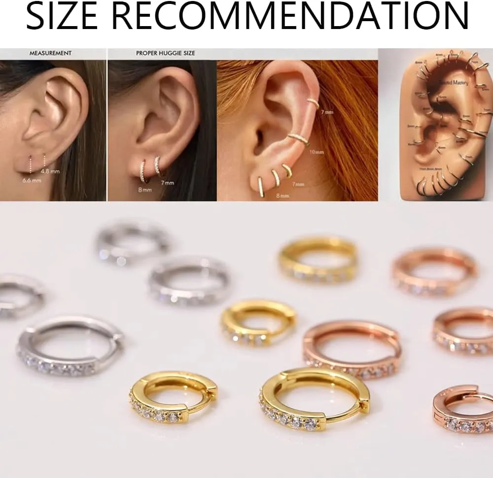Cubic Zirconia Pave Cz Hoop Earrings Huggie Tiny Mini Small for Cartilage Sterling Silver Gold Plated 11mm 9mm 8mm 7mm Hoop Earrings