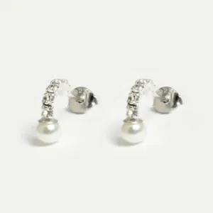 Cubic Zirconia  Pearl Half Hoop Silver Ear Stud - Elegant Womens Earrings