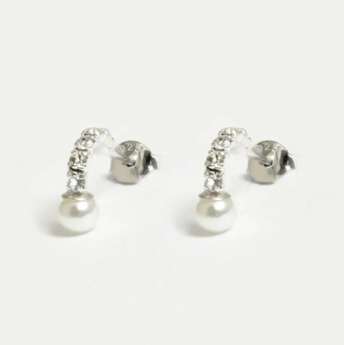 Cubic Zirconia  Pearl Half Hoop Silver Ear Stud - Elegant Womens Earrings