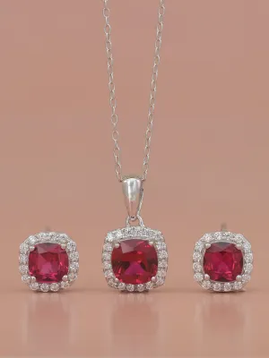 Cushion Cut Ruby Pendant With Earrings In 925 Silver