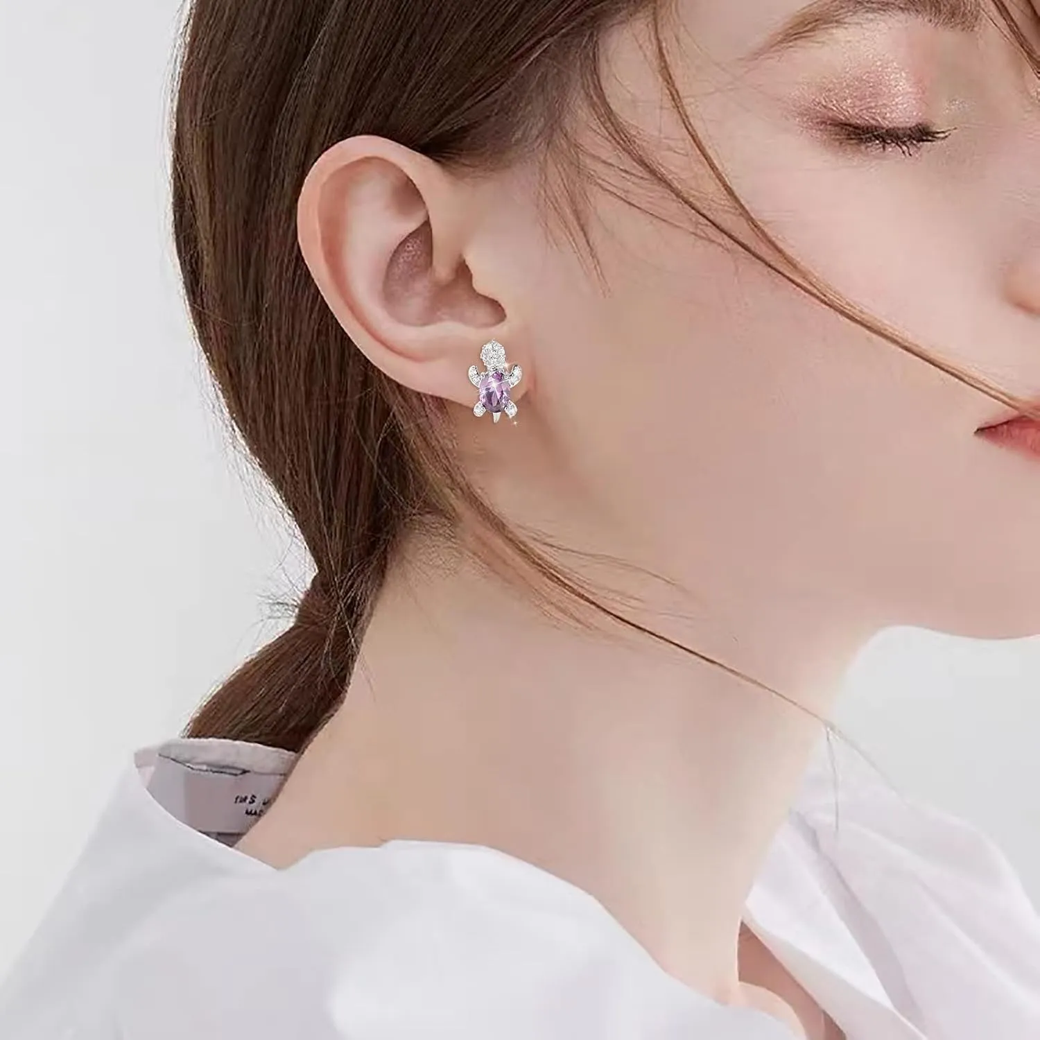 Cute Cartoon Turtle Earrings for Women Cubic Zirconia Stud Earrings Dainty Diamond Engagement Earrings (D, One Size)