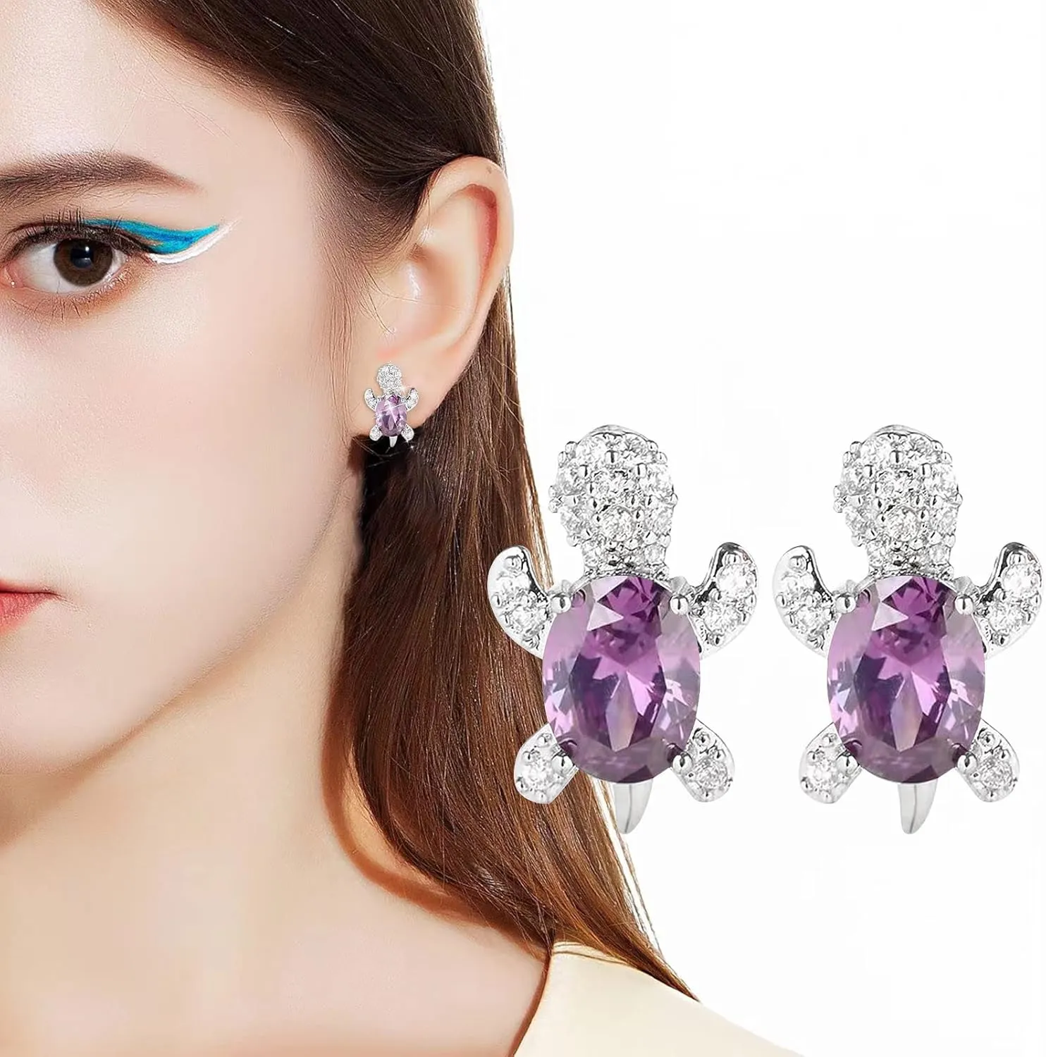 Cute Cartoon Turtle Earrings for Women Cubic Zirconia Stud Earrings Dainty Diamond Engagement Earrings (D, One Size)