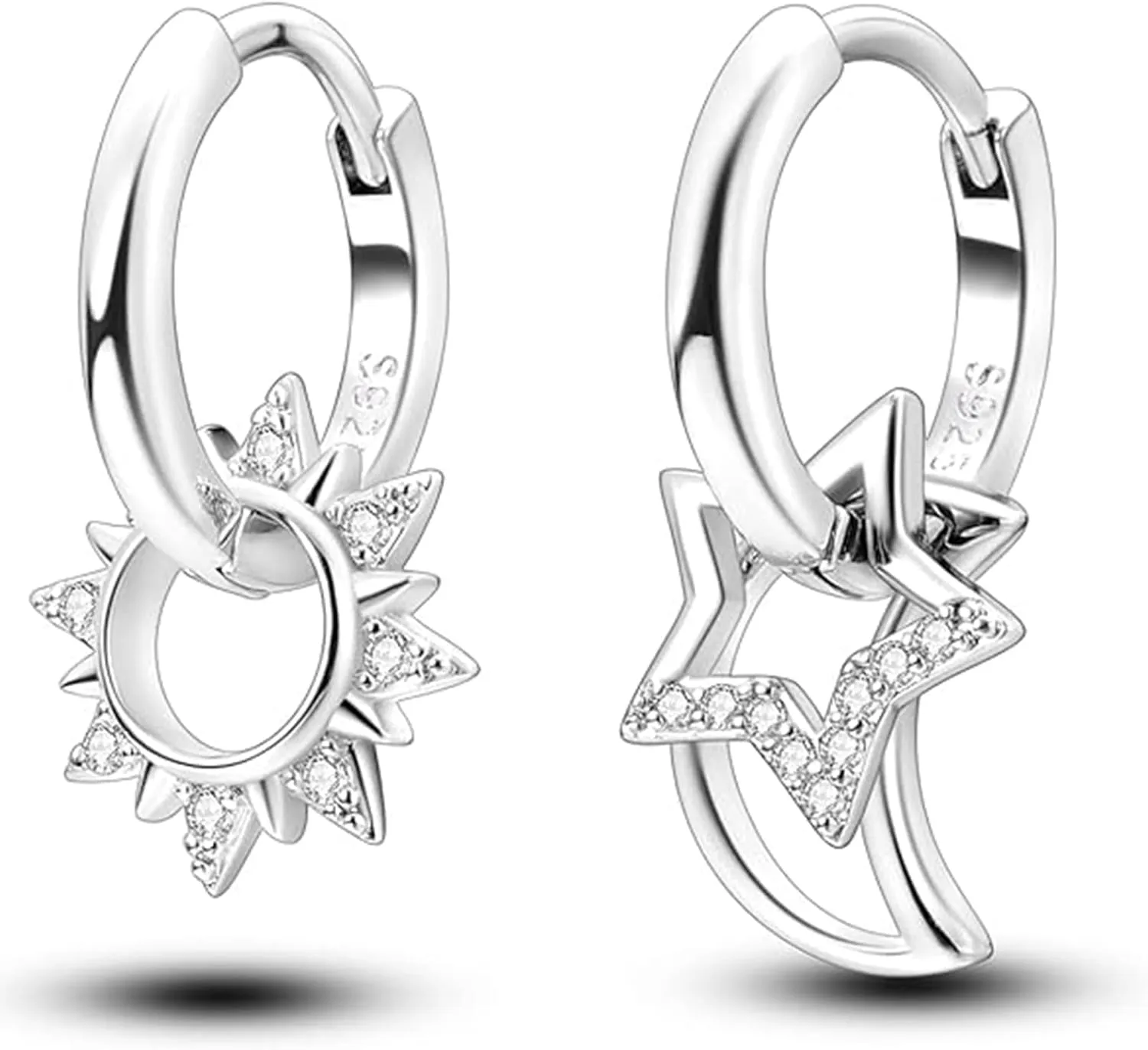 CZ Celestial Earrings Dangle Small Hoop Huggie for Women Sterling Silver with Charms Crystal Asymmetrical Sun Moon Star Drop Cartilage Dainty Jewelry