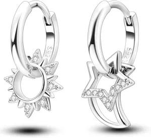 CZ Celestial Earrings Dangle Small Hoop Huggie for Women Sterling Silver with Charms Crystal Asymmetrical Sun Moon Star Drop Cartilage Dainty Jewelry