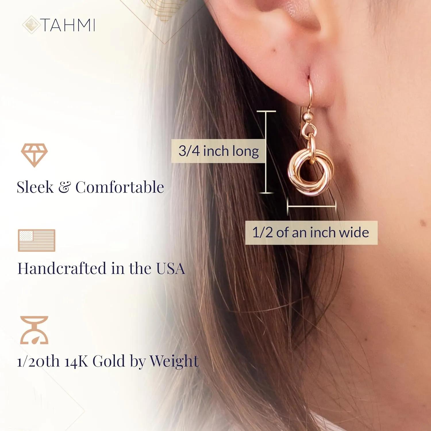 Dainty 14K Yellow Gold-Filled Simple Circle Love Knot Dangle Earrings Elegant Designer Jewelry Gift Idea for Classy Minimalist Women (Leverback)