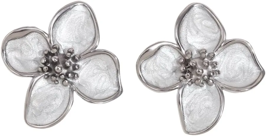 Dainty Flower Stud Earrings for Women Stainless Steel Minimalist Pierced Ear Earrings Four Petals Floral Statement Earrings