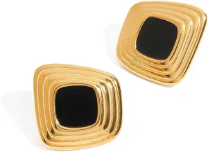 Dainty Geometric Black Resin Stud Earrings for Women 14k Gold Plated Stainless Steel Minimalist Square Geometry Statement Studs Sensitive Ear Hypoallergenic Trendy Fashion Jewelry