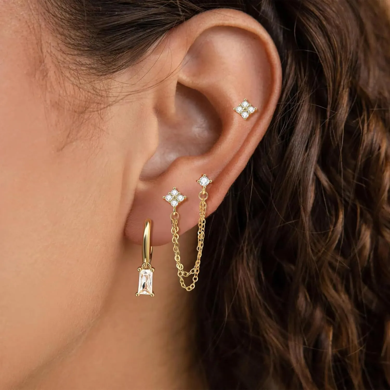 Dainty Gold Chain Earrings for Women – 14K Gold Plated Hypoallergenic Long Dangle Earrings Set with Cubic Zirconia, Stackable Hoop & Stud Jewelry (3 PCS)