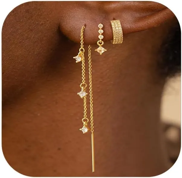 Dainty Gold Chain Earrings for Women – 14K Gold Plated Hypoallergenic Long Dangle Earrings Set with Cubic Zirconia, Stackable Hoop & Stud Jewelry (3 PCS)