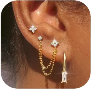 Dainty Gold Chain Earrings for Women – 14K Gold Plated Hypoallergenic Long Dangle Earrings Set with Cubic Zirconia, Stackable Hoop & Stud Jewelry (3 PCS)