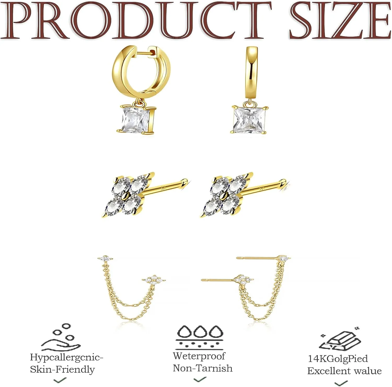 Dainty Gold Chain Earrings for Women – 14K Gold Plated Hypoallergenic Long Dangle Earrings Set with Cubic Zirconia, Stackable Hoop & Stud Jewelry (3 PCS)