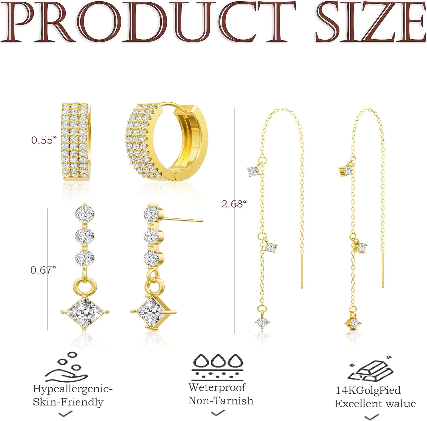 Dainty Gold Chain Earrings for Women – 14K Gold Plated Hypoallergenic Long Dangle Earrings Set with Cubic Zirconia, Stackable Hoop & Stud Jewelry (3 PCS)