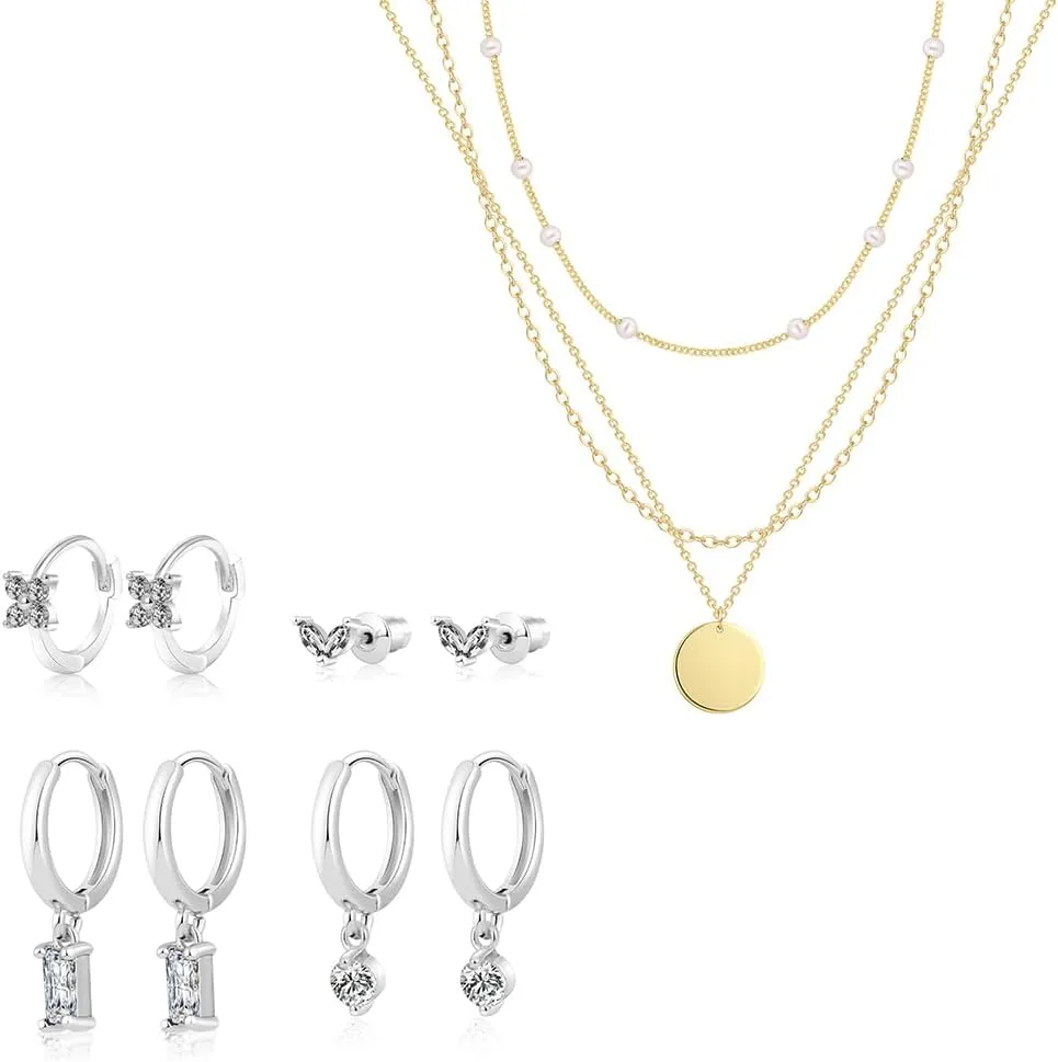 Dainty Gold Layered Choker Necklace and Silver Earrings for Women, Small Silver Hoop Earrings Set Trendy, Pendant Necklace Adjustable Layering Choker Necklaces for Women