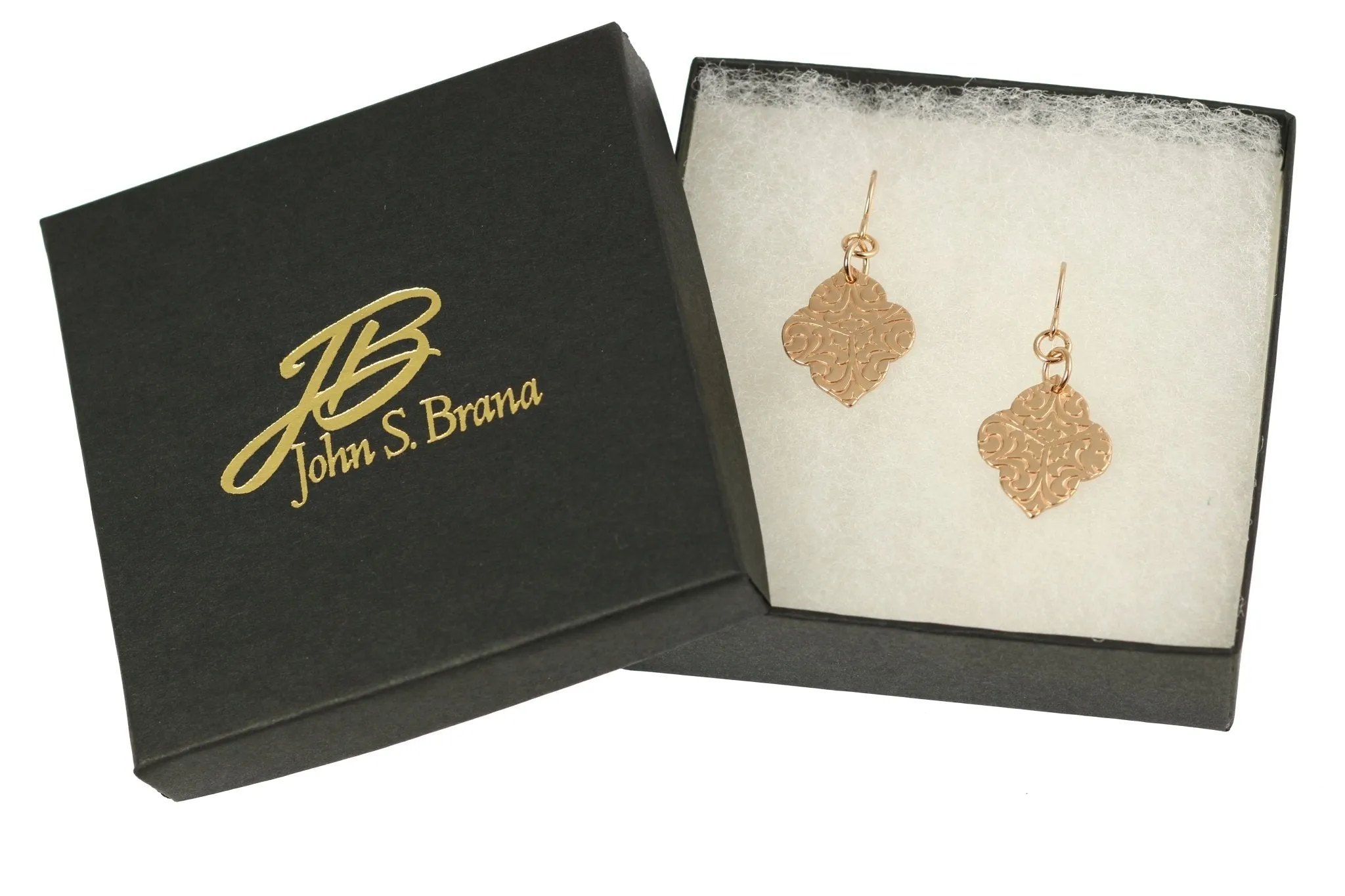 Damask Embossed Bronze Quatrefoil Drop Earrings