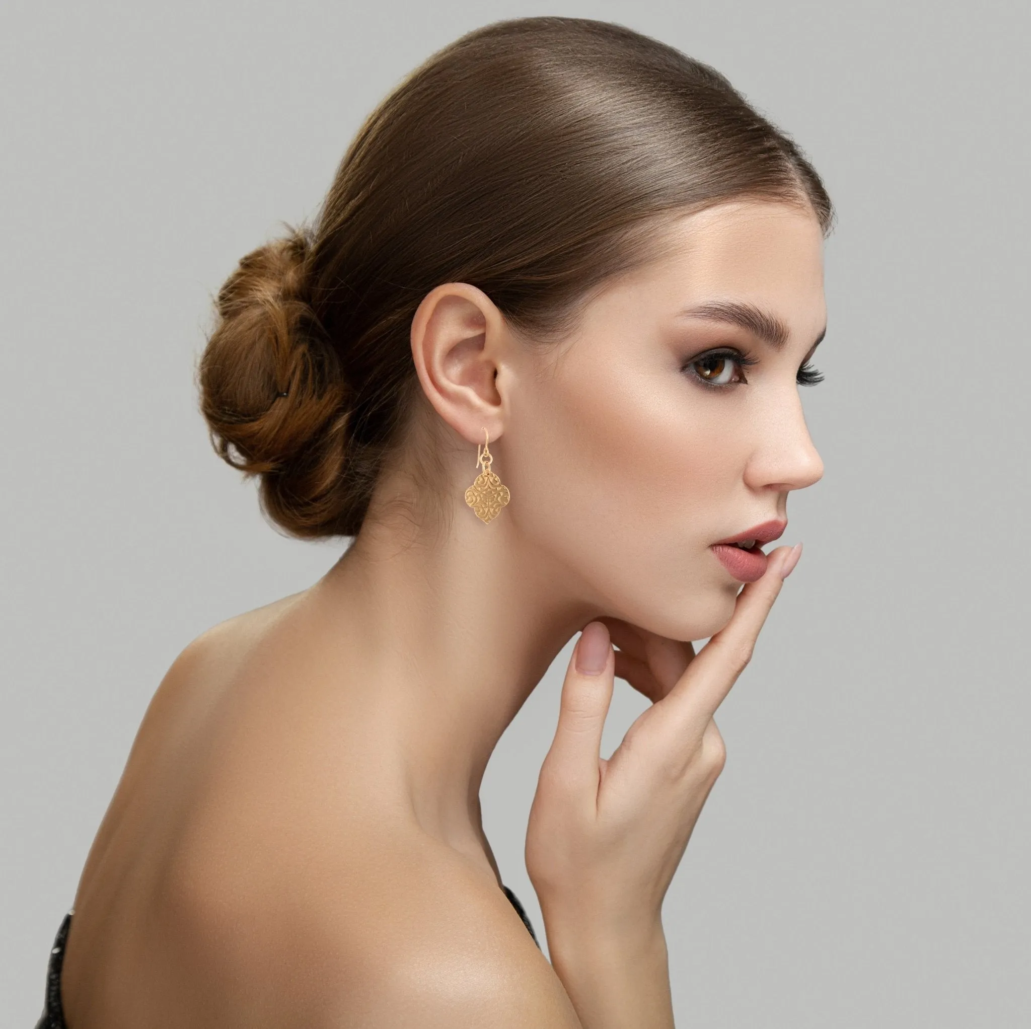 Damask Embossed Bronze Quatrefoil Drop Earrings
