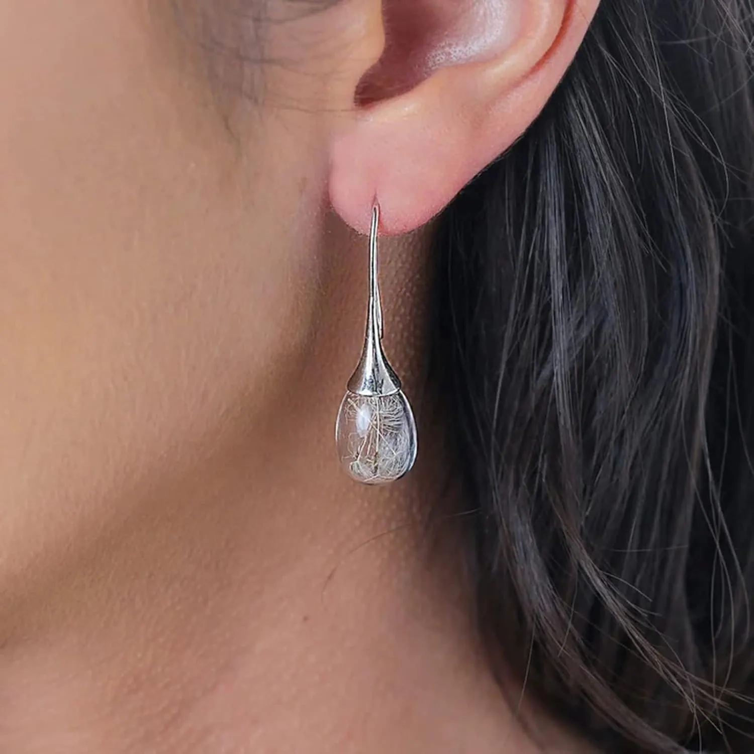 Dandelion Drop Earrings Teardrop Shape Dangle Earrings Temperament Ear Hook Anniversary Earrings for Women (Silver, One Size)