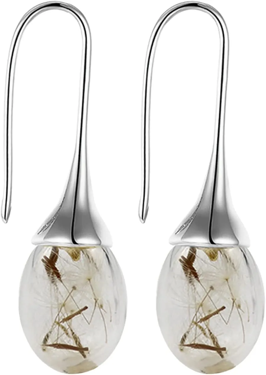 Dandelion Drop Earrings Teardrop Shape Dangle Earrings Temperament Ear Hook Anniversary Earrings for Women (Silver, One Size)