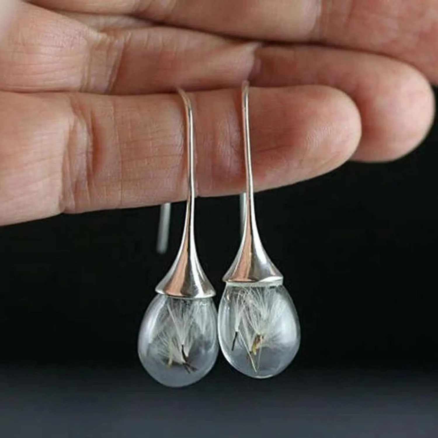Dandelion Drop Earrings Teardrop Shape Dangle Earrings Temperament Ear Hook Anniversary Earrings for Women (Silver, One Size)