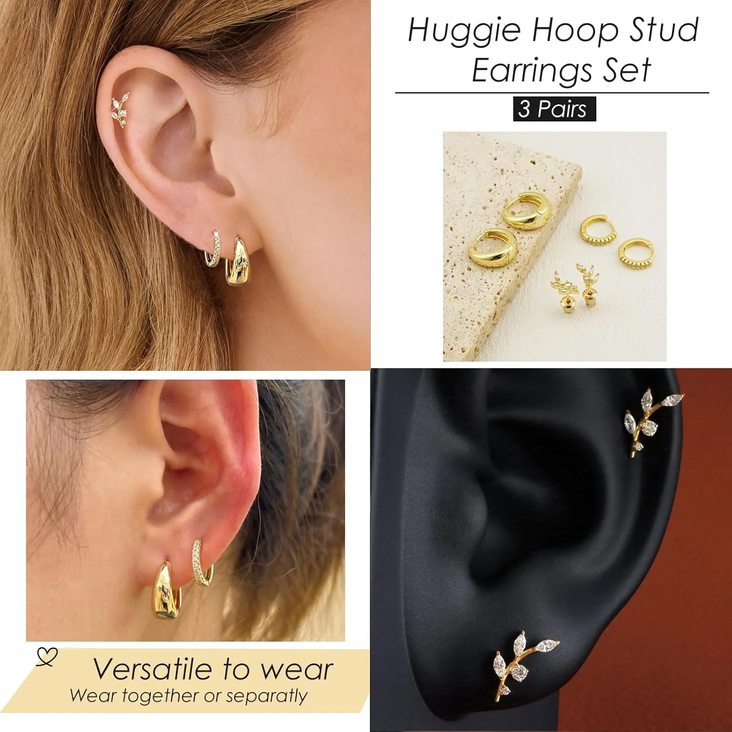 Dangle Hoop Earrings for Women 14K Gold Silver Plated Huggie Earring Sets for Multiple Piercing Dainty Hypoallergenic Cartilage Earring Stack Cubic Zirconia Pack Trendy Jewelry Gifts