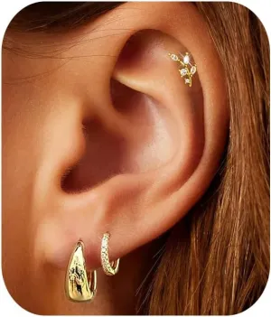 Dangle Hoop Earrings for Women 14K Gold Silver Plated Huggie Earring Sets for Multiple Piercing Dainty Hypoallergenic Cartilage Earring Stack Cubic Zirconia Pack Trendy Jewelry Gifts