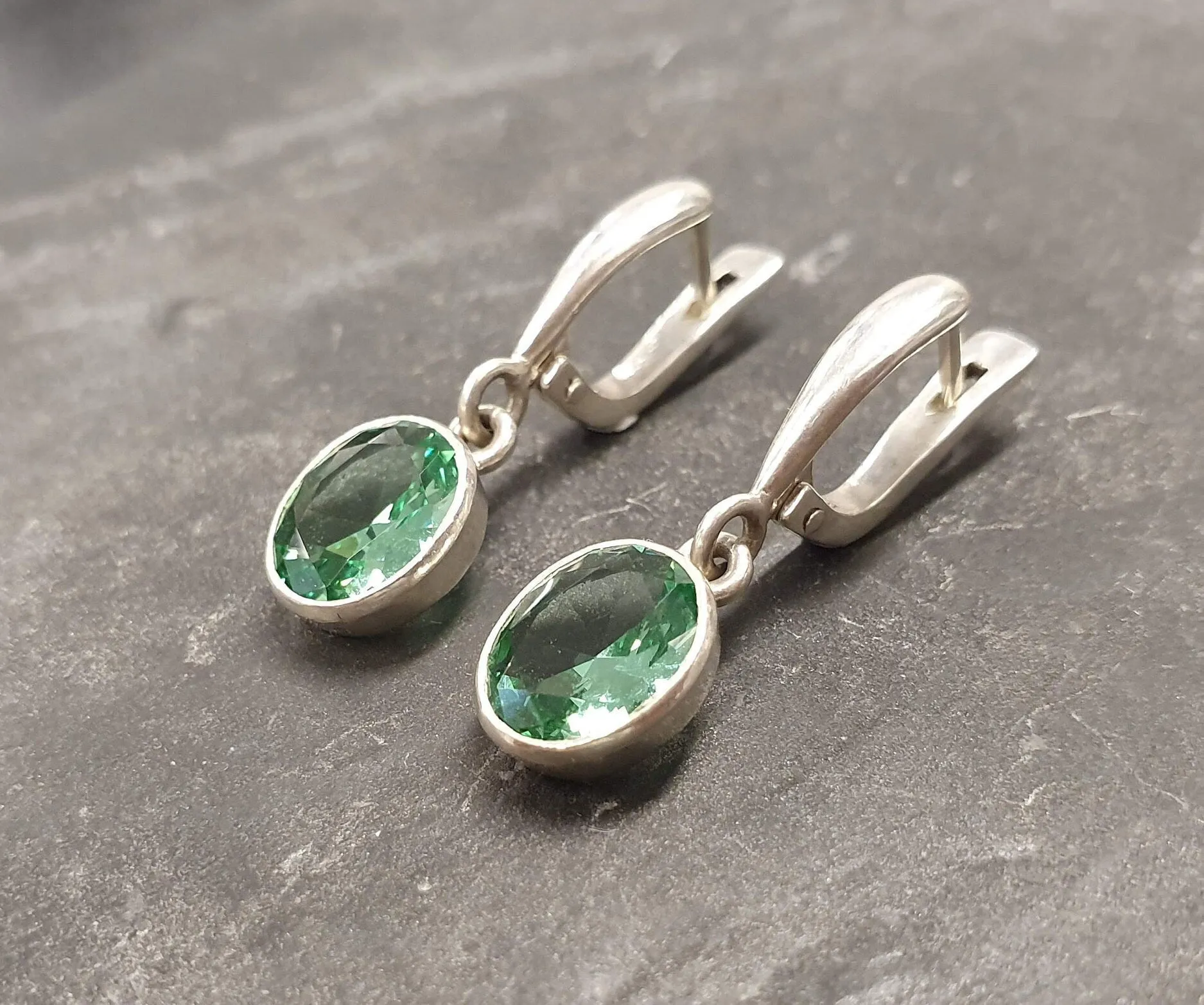 Dangling Mint Green Earrings - Emerald Drop Earrings - Vintage Oval Earrings