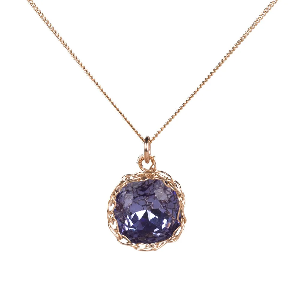 Deep Purple Swarovski Crystal Necklace , Purple Pendant in a Gold Wire Crochet Nest , Bridesmaids Gift