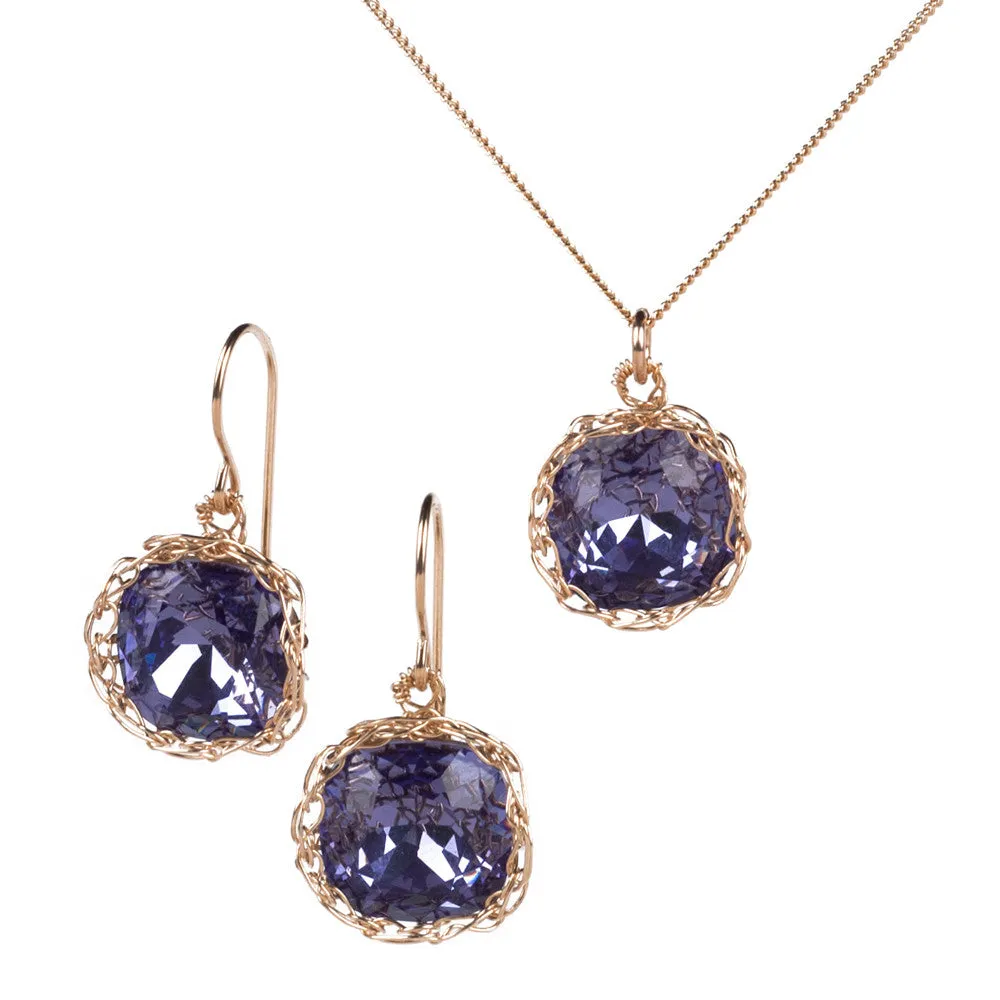 Deep Purple Swarovski Crystal Necklace , Purple Pendant in a Gold Wire Crochet Nest , Bridesmaids Gift
