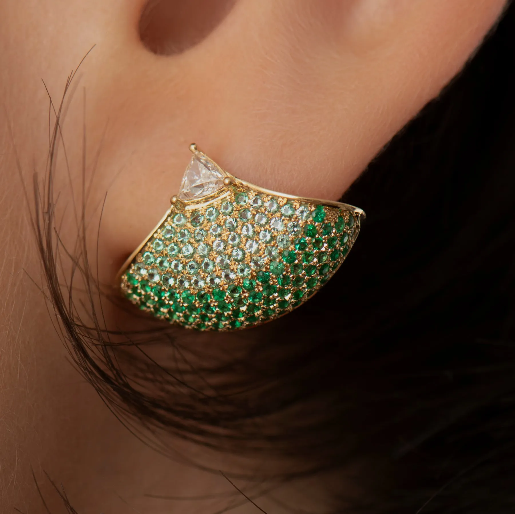 Diamond & Emerald Ombre Pave Fan Earrings
