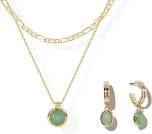 DISTANT DRUMS Simple Natural Green Aventurine Stone Jewelry Set for Women,Hoop Earrings,Bracelet,Necklace,18K Gold-plated Spiritual Gift,Fortunate Stone Jewelry,Choker