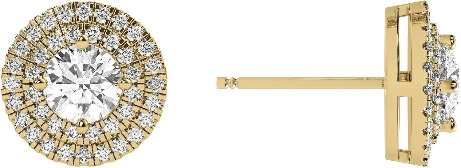 Double Halo Stud Earring in 14k Solid Gold and Lab Grown Diamonds, Diamond Quality EF-VS, Available in White Gold, Yellow Gold, and Rose Gold, Push Back