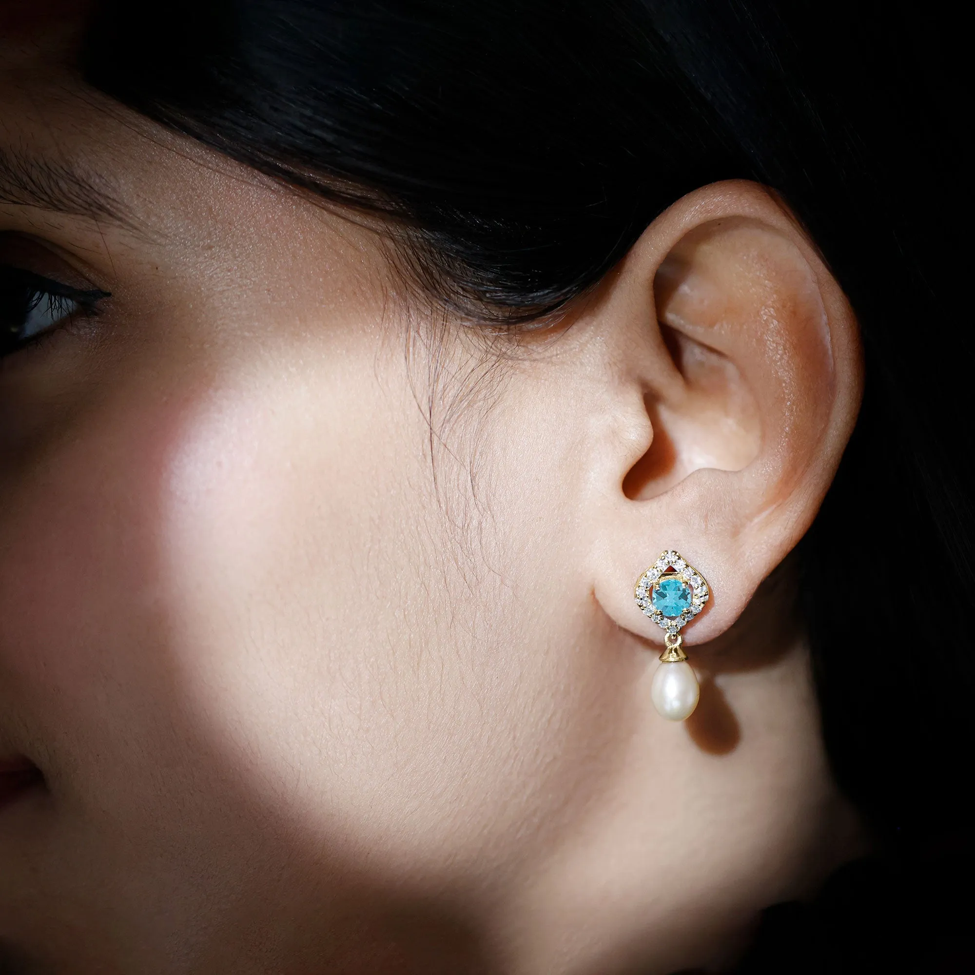 Drop Shape Freshwater Pearl Earrings with Blue Topaz and Diamond