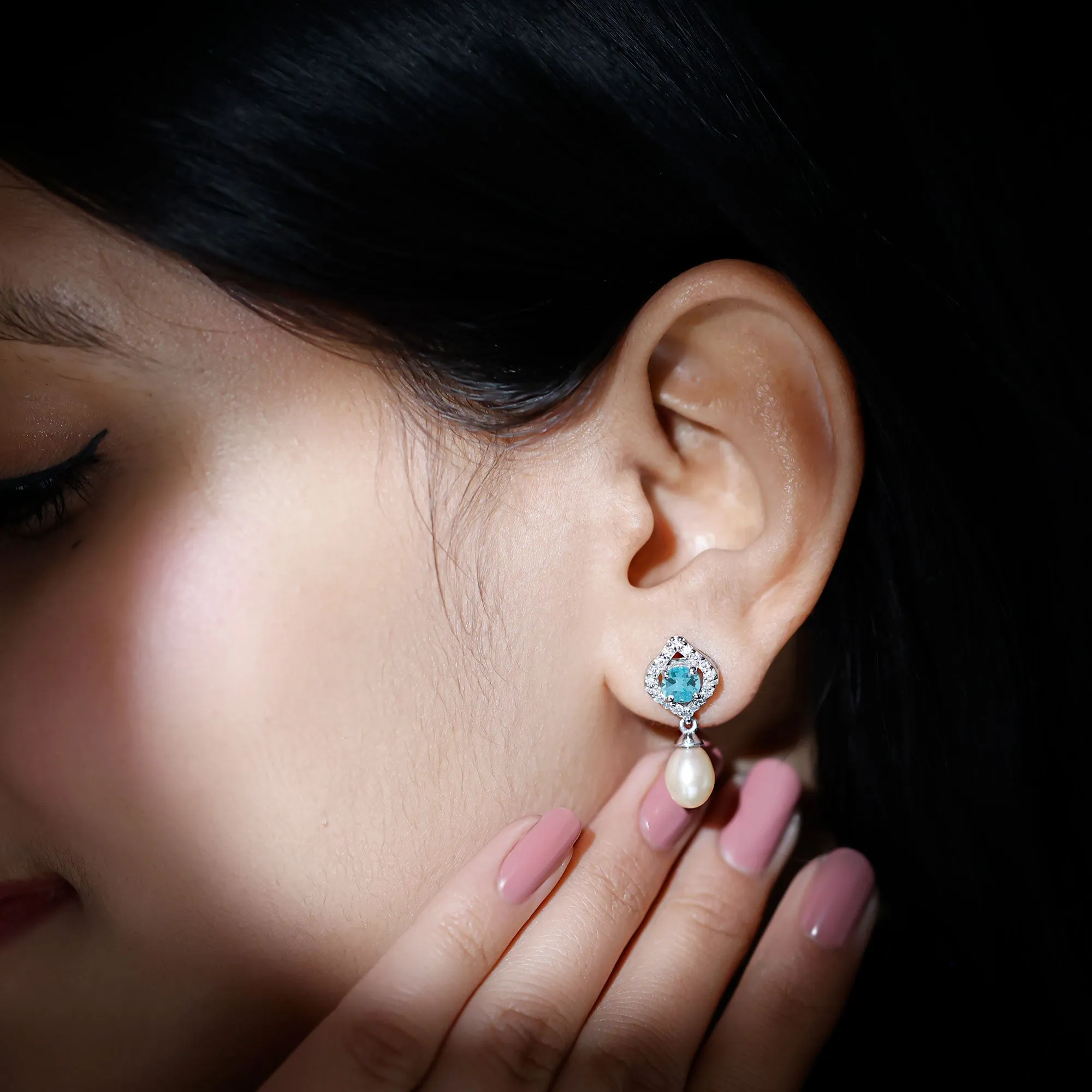 Drop Shape Freshwater Pearl Earrings with Blue Topaz and Diamond