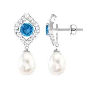 Drop Shape Freshwater Pearl Earrings with Blue Topaz and Diamond